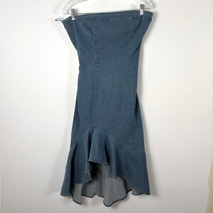 VICI Y2K 90s Denim High Low Denim Ruffle Strapless Tie Back Dress Size Large